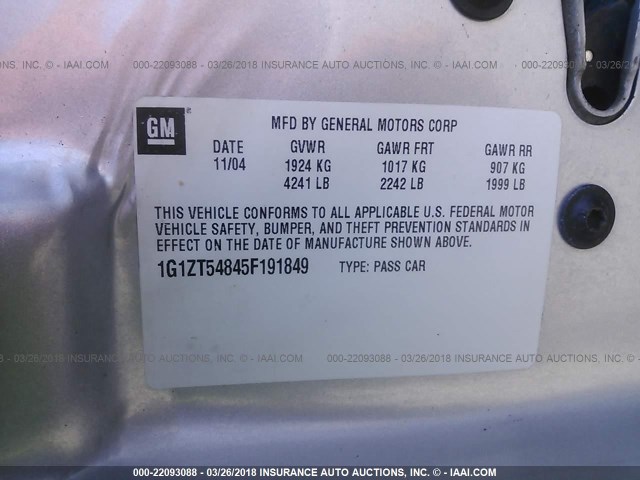 1G1ZT54845F191849 - 2005 CHEVROLET MALIBU LS ვერცხლისფერი ფოტო 9