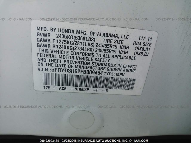 5FRYD3H62FB009454 - 2015 ACURA MDX TECHNOLOGY WHITE photo 9
