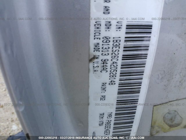 1B3ES26C42D528148 - 2002 DODGE NEON SILVER photo 9