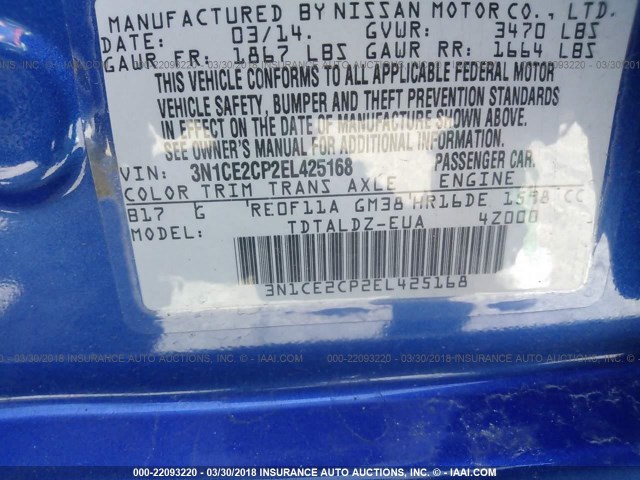 3N1CE2CP2EL425168 - 2014 NISSAN VERSA NOTE S/S PLUS/SV/SL BLUE photo 9