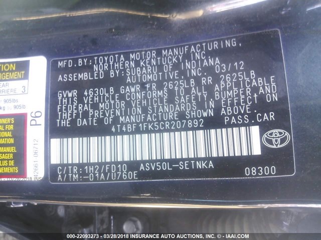 4T4BF1FK5CR207892 - 2012 TOYOTA CAMRY SE/LE/XLE Dark Blue photo 9