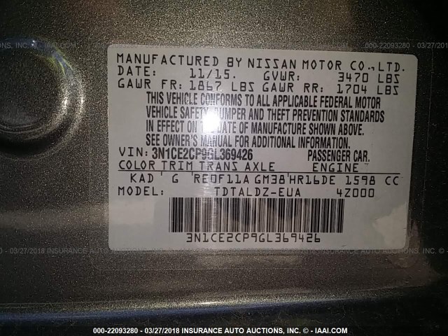 3N1CE2CP9GL369426 - 2016 NISSAN VERSA NOTE S/S PLUS/SV/SL/SR GRAY photo 9