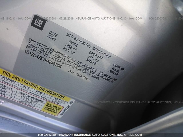 1G1ZG57K794245206 - 2009 CHEVROLET MALIBU LS 银色 照片 9