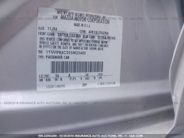 1YVHP84C555M23405 - 2005 MAZDA 6 I SILVER photo 9