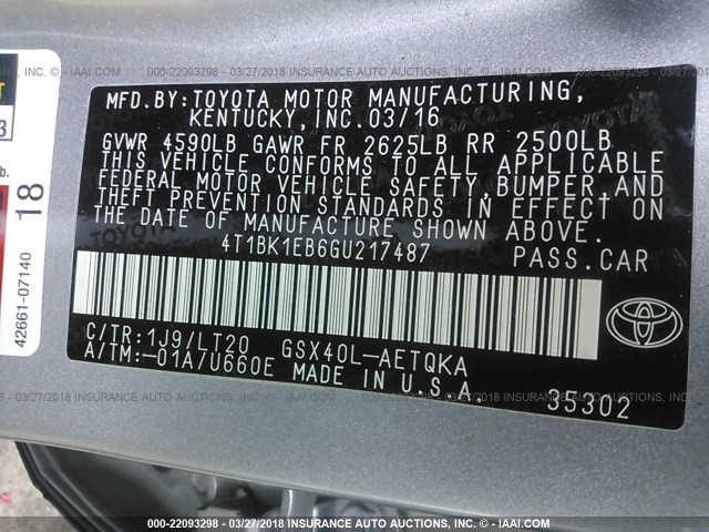 4T1BK1EB6GU217487 - 2016 TOYOTA AVALON XLE PLUS/PREMIUM/TOUR/LTD SILVER photo 9