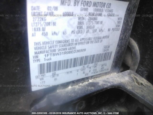 1FTSW31R08ED36509 - 2008 FORD F350 SRW SUPER DUTY BLACK photo 9