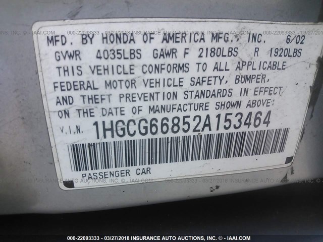 1HGCG66852A153464 - 2002 HONDA ACCORD EX/SE SILVER photo 9