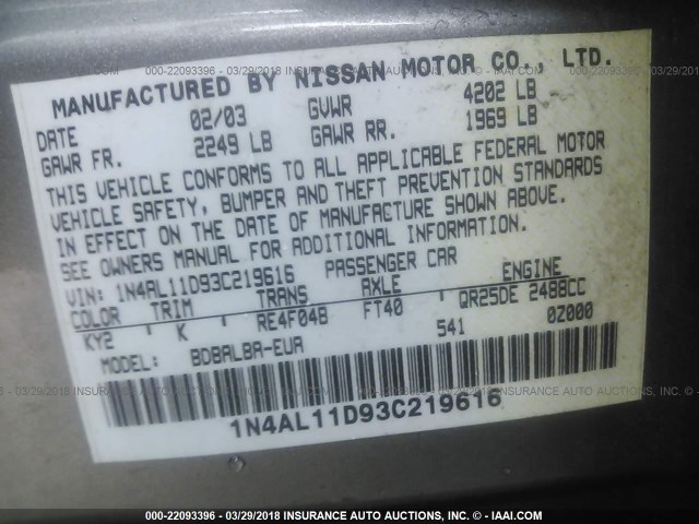 1N4AL11D93C219616 - 2003 NISSAN ALTIMA S/SL GRAY photo 9