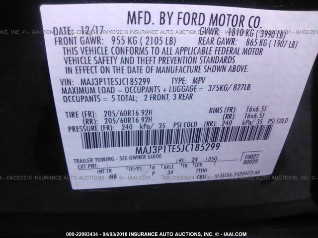 MAJ3P1TE5JC185299 - 2018 FORD ECOSPORT SE BLACK photo 9