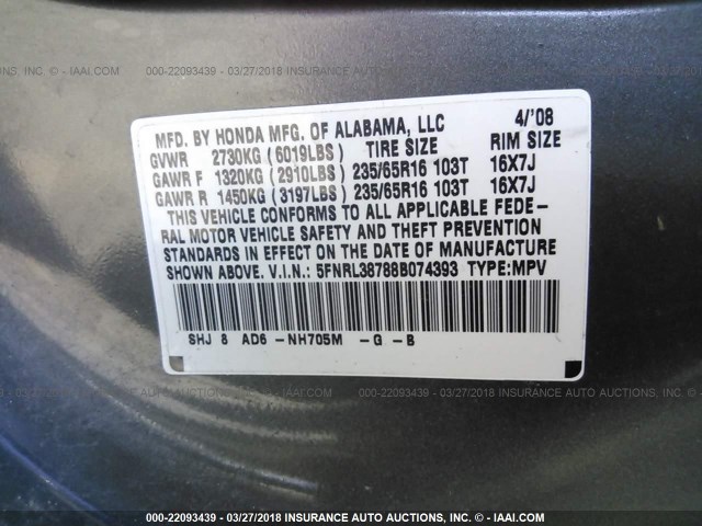 5FNRL38788B074393 - 2008 HONDA ODYSSEY EXL ნაცრისფერი ფოტო 9