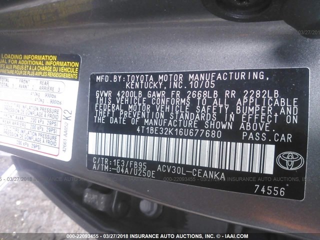 4T1BE32K16U677680 - 2006 TOYOTA CAMRY LE/XLE/SE GRAY photo 9