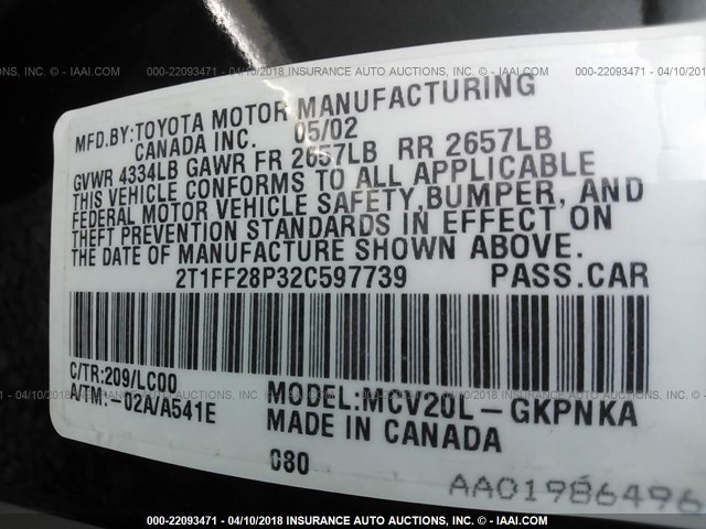 2T1FF28P32C597739 - 2002 TOYOTA CAMRY SOLARA SE/SLE შავი ფოტო 9