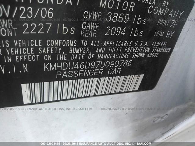 KMHDU46D97U090786 - 2007 HYUNDAI ELANTRA GLS/SE/LIMITED WHITE photo 9