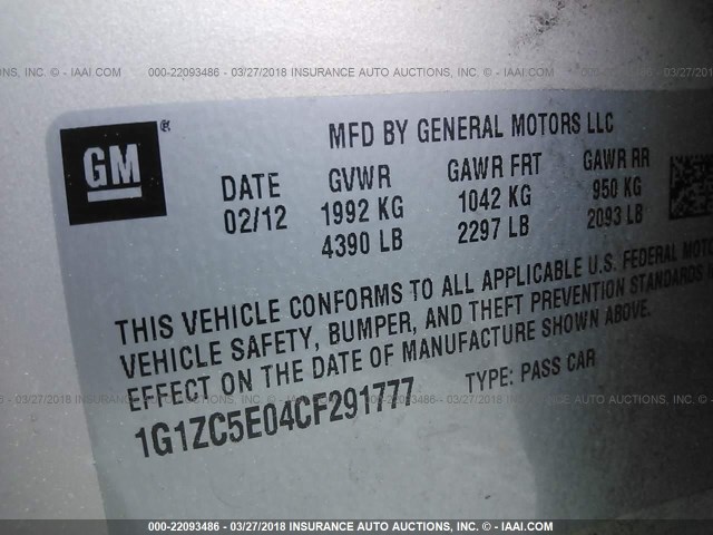 1G1ZC5E04CF291777 - 2012 CHEVROLET MALIBU 1LT 米色 照片 9