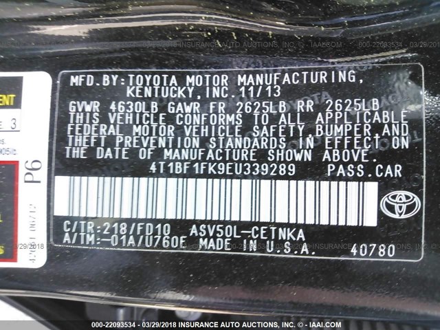 4T1BF1FK9EU339289 - 2014 TOYOTA CAMRY L/SE/LE/XLE 黑色 照片 9