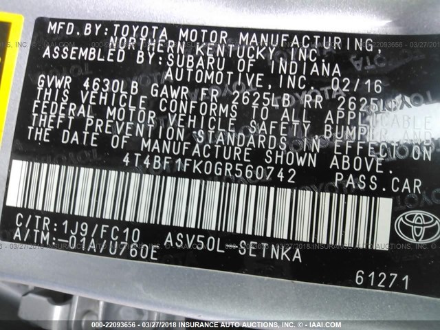 4T4BF1FK0GR560742 - 2016 TOYOTA CAMRY LE/XLE/SE/XSE ვერცხლისფერი ფოტო 9