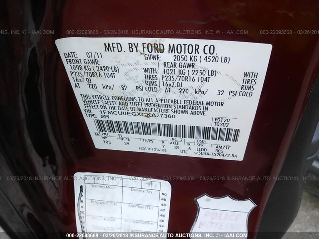 1FMCU0EGXCKA37360 - 2012 FORD ESCAPE LIMITED RED photo 9