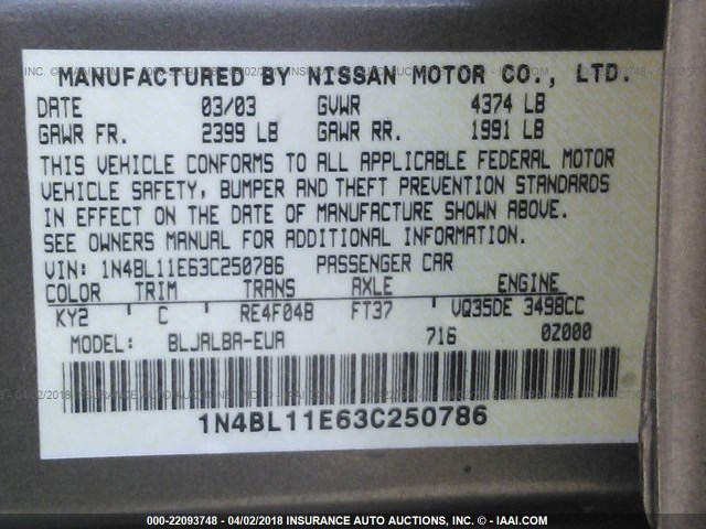 1N4BL11E63C250786 - 2003 NISSAN ALTIMA SE GOLD photo 9