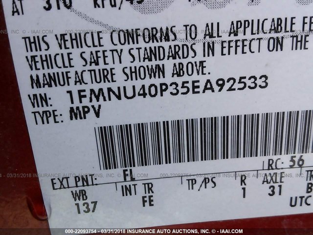 1FMNU40P35EA92533 - 2005 FORD EXCURSION XLT RED photo 9