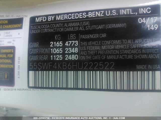 55SWF4KB6HU222522 - 2017 MERCEDES-BENZ C 300 4MATIC WHITE photo 9