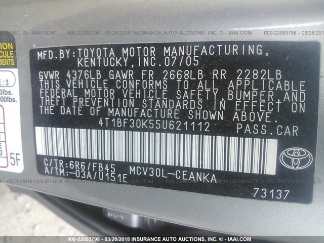 4T1BF30K55U621112 - 2005 TOYOTA CAMRY LE/XLE/SE GRAY photo 9