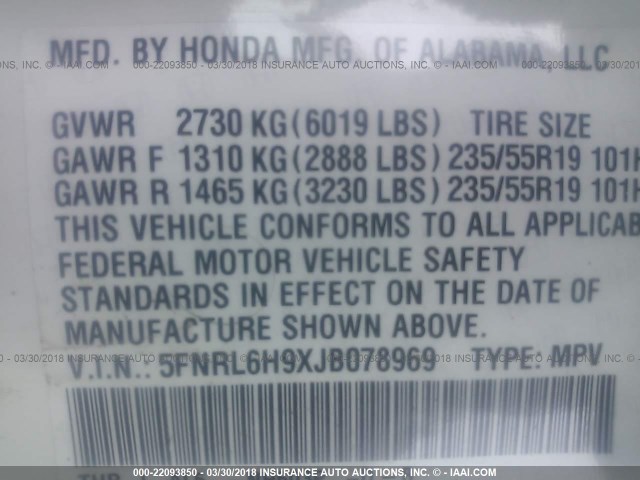 5FNRL6H9XJB078969 - 2018 HONDA ODYSSEY ELITE Blanco foto 9