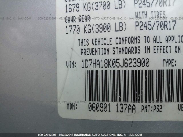 1D7HA18K05J623900 - 2005 DODGE RAM 1500 ST GRAY photo 9