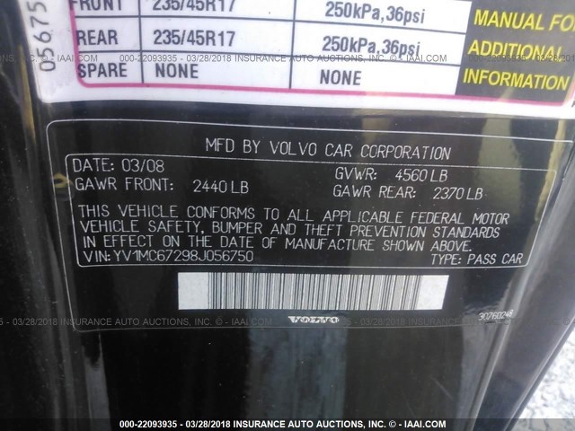 YV1MC67298J056750 - 2008 VOLVO C70 T5 BLACK photo 9