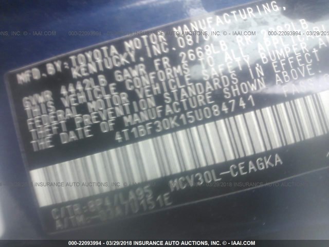 4T1BF30K15U084741 - 2005 TOYOTA CAMRY LE/XLE/SE 深蓝色 照片 9