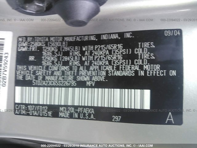 5TDZA23C65S226795 - 2005 TOYOTA SIENNA CE/LE SILVER photo 9