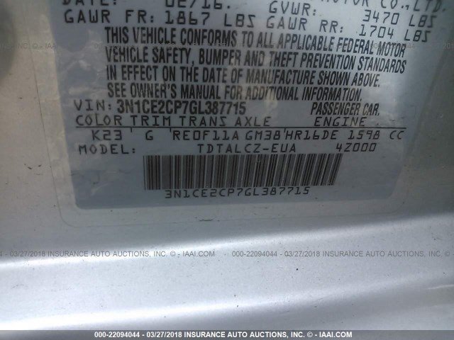 3N1CE2CP7GL387715 - 2016 NISSAN VERSA NOTE S/S PLUS/SV/SL/SR GRAY photo 9