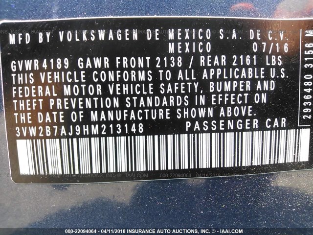 3VW2B7AJ9HM213148 - 2017 VOLKSWAGEN JETTA S 蓝色 照片 9