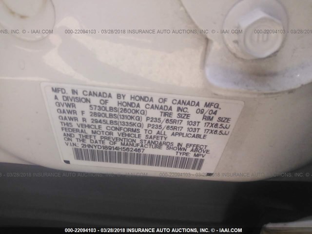 2HNYD18914H562467 - 2004 ACURA MDX TOURING WHITE photo 9