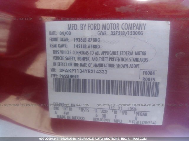 3FAKP1134YR214333 - 2000 FORD ESCORT ZX2 RED photo 9
