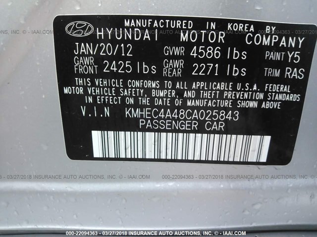 KMHEC4A48CA025843 - 2012 HYUNDAI SONATA HYBRID SILVER photo 9