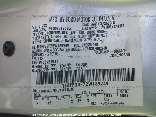 1FAFP33P72W189249 - 2002 FORD FOCUS LX SILVER photo 9