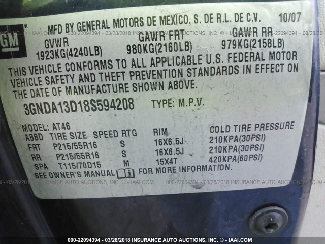 3GNDA13D18S594208 - 2008 CHEVROLET HHR LS BLUE photo 9