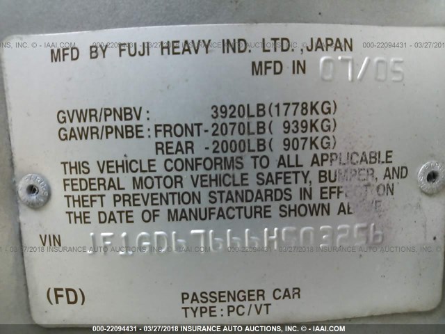 JF1GD67666H503256 - 2006 SUBARU IMPREZA 2.5I GRAY photo 9