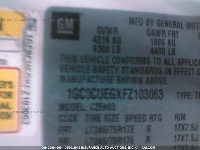 1GC0CUEGXFZ103063 - 2015 CHEVROLET SILVERADO C2500 HEAVY DUTY WHITE photo 9