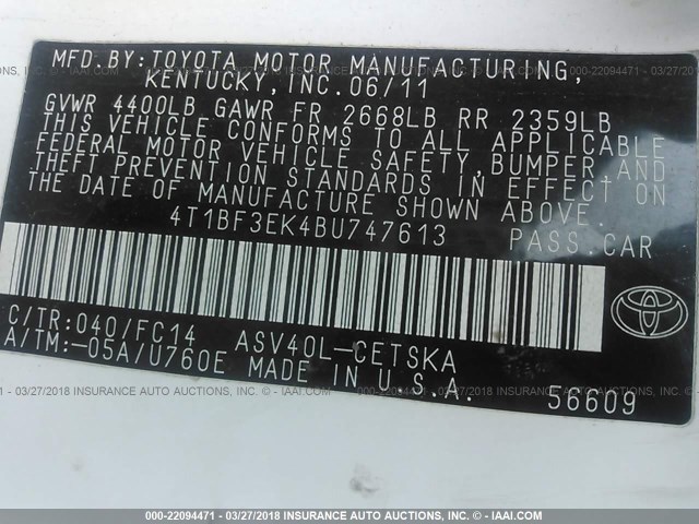 4T1BF3EK4BU747613 - 2011 TOYOTA CAMRY SE/LE/XLE WHITE photo 9