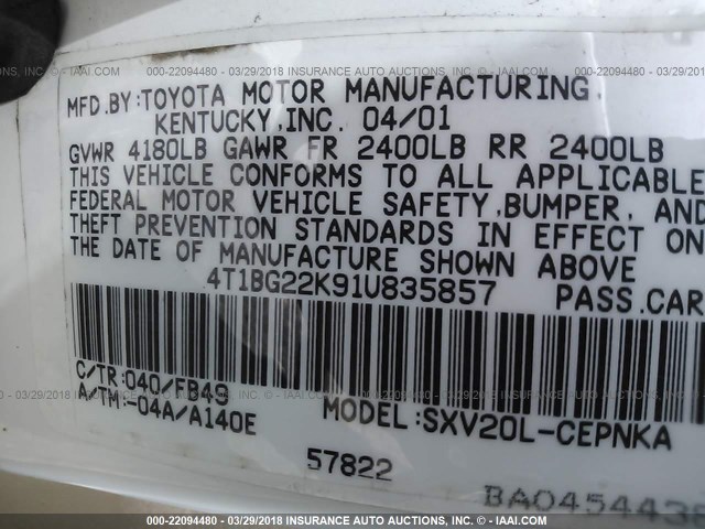 4T1BG22K91U835857 - 2001 TOYOTA CAMRY CE/LE/XLE 白色 照片 9