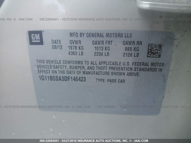 1G11B5SA3DF146423 - 2013 CHEVROLET MALIBU LS BEIGE photo 9