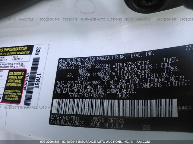 5TFRV541X7X020671 - 2007 TOYOTA TUNDRA DOUBLE CAB SR5 WHITE photo 9