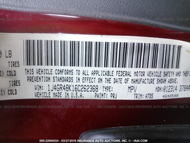 1J4GR48K16C262368 - 2006 JEEP GRAND CHEROKEE LAREDO/COLUMBIA/FREEDOM 红色 照片 9