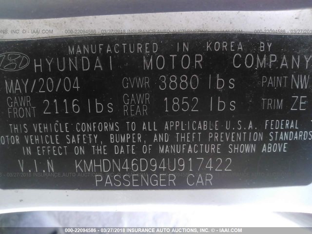 KMHDN46D94U917422 - 2004 HYUNDAI ELANTRA GLS/GT WHITE photo 9