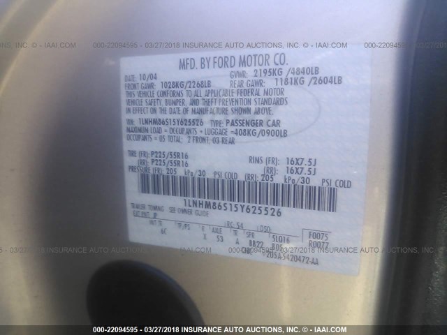 1LNHM86S15Y625526 - 2005 LINCOLN LS 银色 照片 9