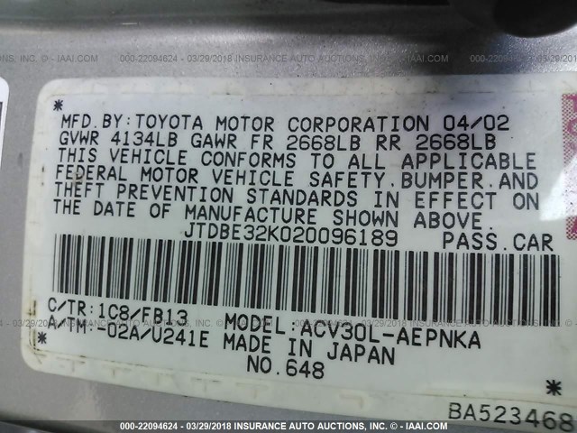 JTDBE32K020096189 - 2002 TOYOTA CAMRY LE/XLE/SE 银色 照片 9