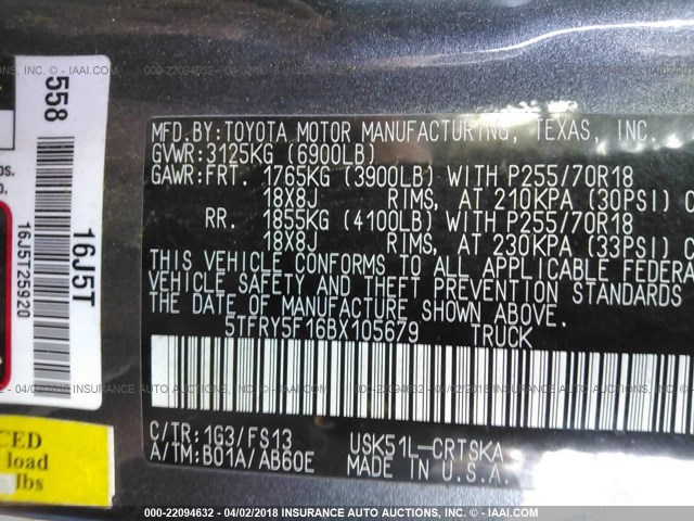 5TFRY5F16BX105679 - 2011 TOYOTA TUNDRA DOUBLE CAB SR5 GRAY photo 9