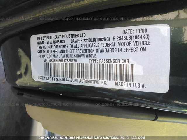 4S3BH686817635778 - 2001 SUBARU LEGACY OUTBACK LIMITED GREEN photo 9