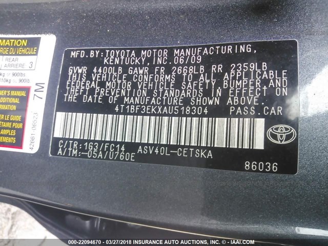 4T1BF3EKXAU518304 - 2010 TOYOTA CAMRY SE/LE/XLE GRAY photo 9